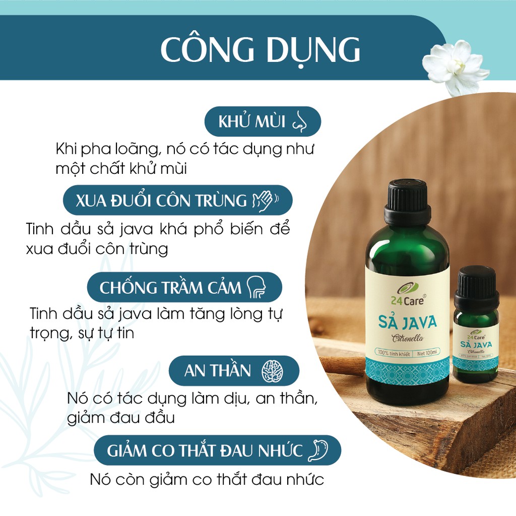 [MUA 1 TẶNG 1] Tinh dầu Sả Java 24Care nguồn gốc thiên nhiên 10ml - thơm phòng, đuổi muỗi