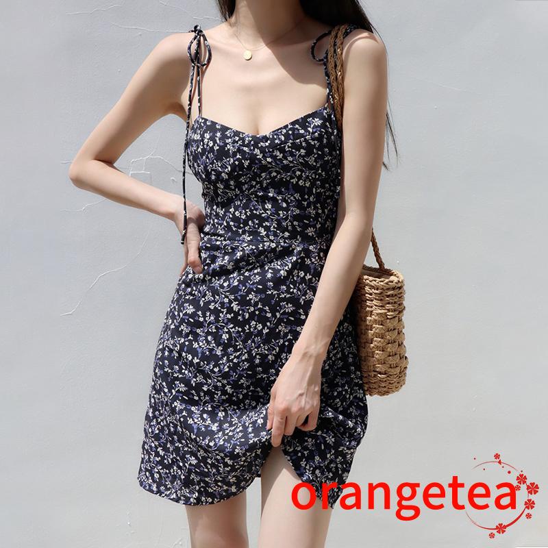 ORT-Women Backless Floral Print V-neck Slim-fit Tie-up Dress