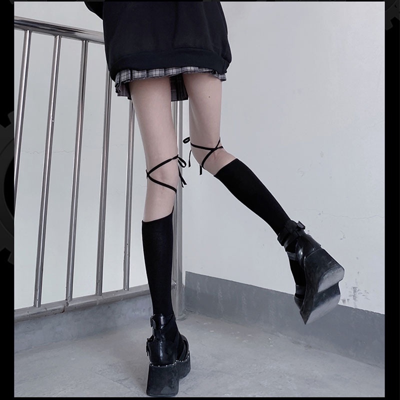 Japanese Cross Straps Knee High Socks Female Stockings Lolita Kawaii Cotton Bottoming Thigh High Socks Harajuku носки женские