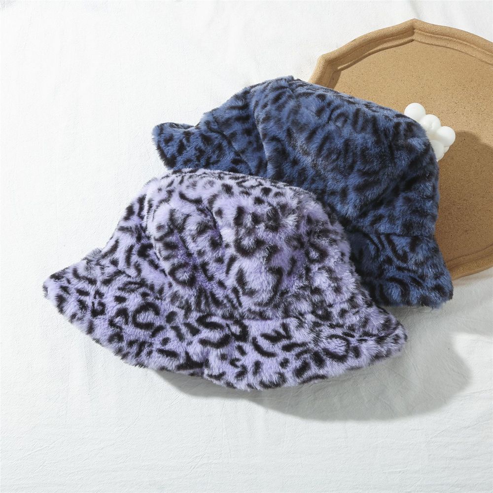 Mũ bucket lông giả mềm mại giữ ấm họa tiết da báo phong cách Hàn Quốc thanh lịch có thể điều chỉnh cho nữ