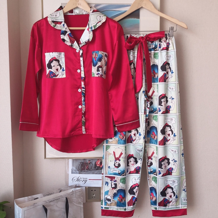 Bộ Đồ Ngủ Dài Tay Bằng Lụa Satin In Họa Tiết Hoạt Hình Cho Nữ
