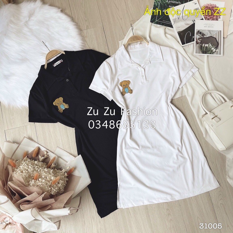 Đầm thun cổ trụ gấu thêu cao cấp
