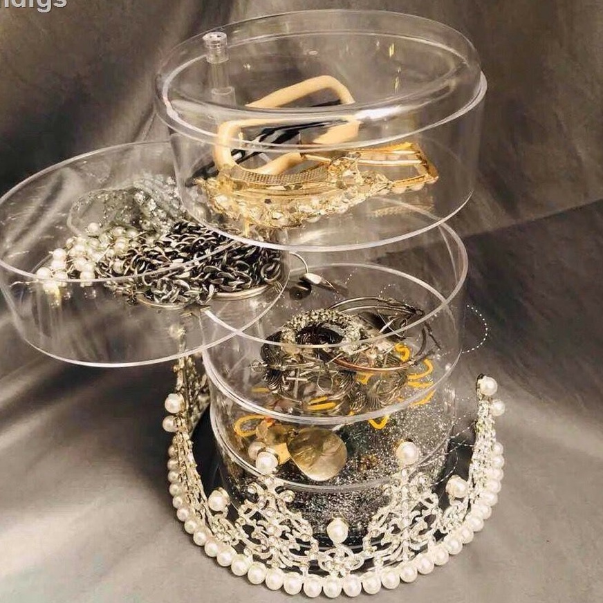 (CAO CẤP) Kệ Đựng Đồ Trang Sức, Khay Đựng Mỹ Phẩm, Đồ Dùng Cá Nhân Xoay 360 Tròn 5 Tầng Mê Ka Trong Suốt T2