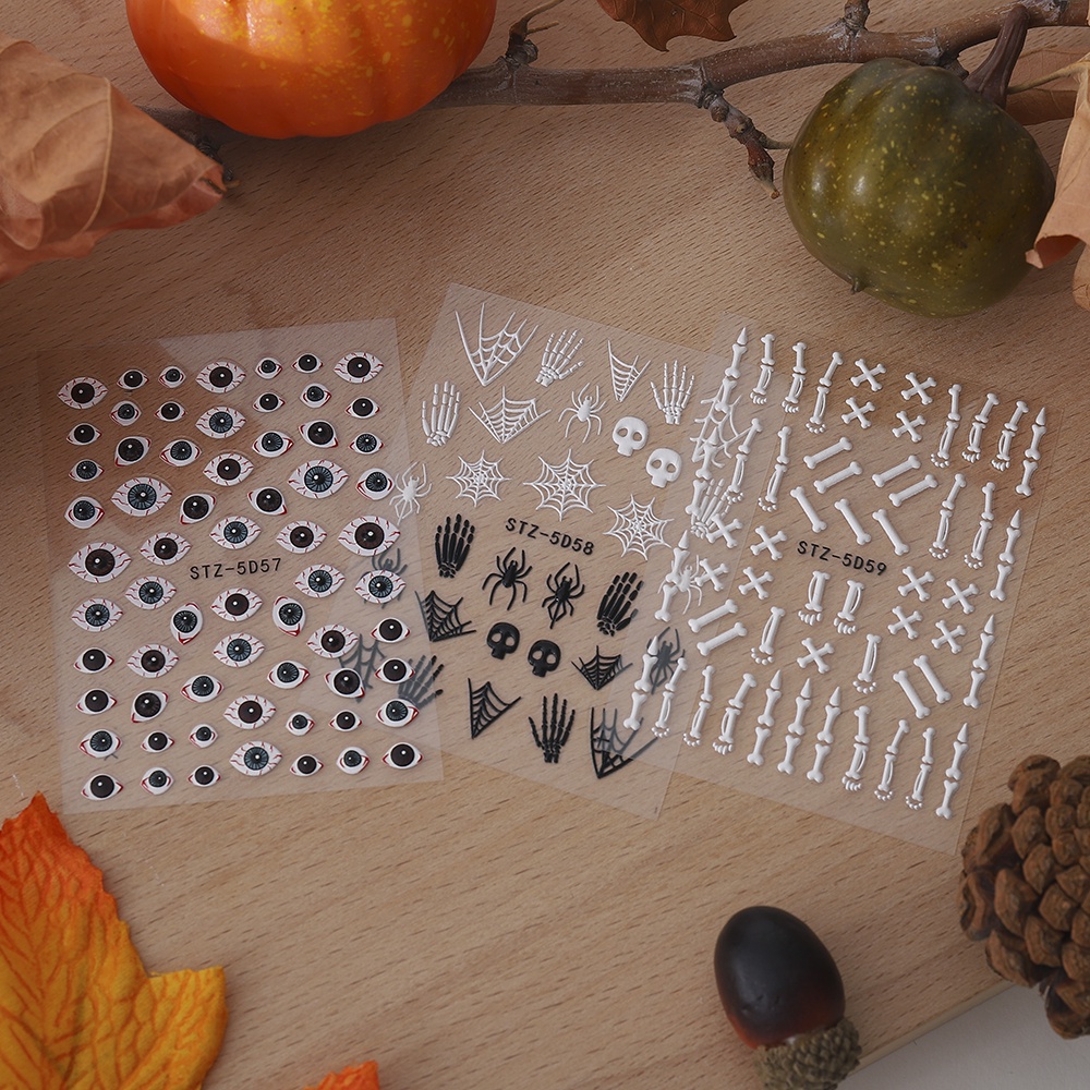 Cod Qipin Nhãn Dán Móng Tay Hình Xương Nhện Bí Ngô Halloween Đơn Giản Vui Nhộn