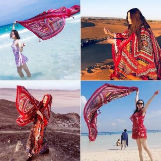 Khăn choàng thổ cẩm phong cách Boho họa tiết đỏ oval hàng cao cấp