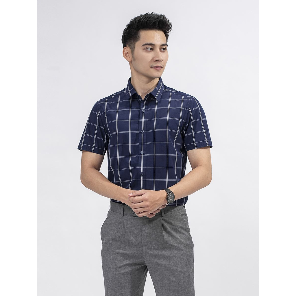 Áo Sơ Mi Nam Tay Ngắn Aristino ASS033S9 Màu Xanh Tím Than Caro Trắng Kiểu Dáng Slim Fit Tà Lượn Chất Liệu Bamboo