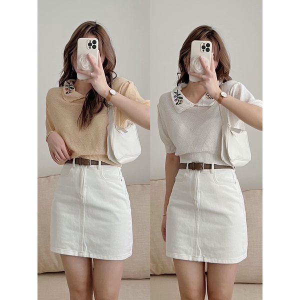 Áo croptop len mỏng cổ in hoa siêu xinh