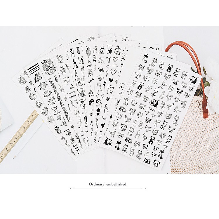 [Hàng mới về] Nhãn dán trang trí móng tay màu đen trắng 3D phong cách châu Âu dễ sử dụng