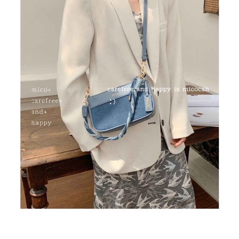 Túi xách xanh vải kết hợp da màu xanh coban hot trend quai đeo chéo và quai kẹp nách Ulzzangshop520