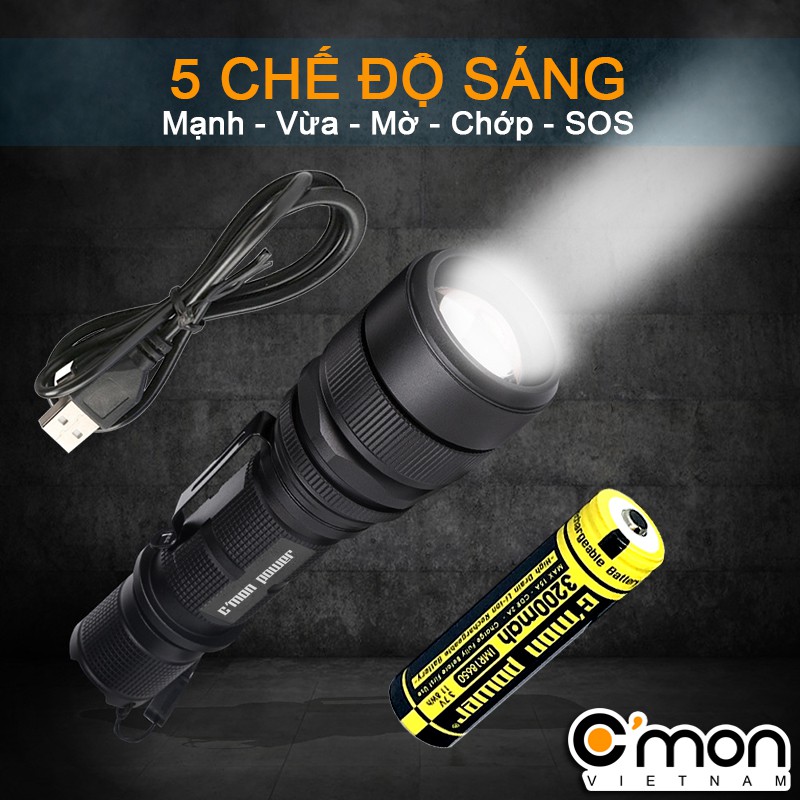 Bộ 1 đèn pin siêu sáng C'mon Power RANGER XML-L2 LED 10W + 1 pin 18650 + 1 sạc USB (VÀNG) | BigBuy360 - bigbuy360.vn