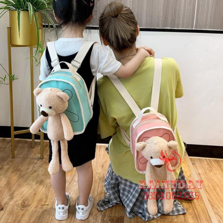 Balo trẻ em cho bé gái đi học mần non mẫu giáo mini nhỏ xinh cute dễ thương vải canvas đính gấu