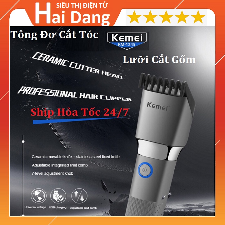 Tông Đơ Cắt Tóc, Kemei Km 1245 - Dùng Cho Người Lớn Và Trẻ Em - Lưỡi Cắt Gốm Siêu Bền - Chống Gỉ Sét - Chống Nước