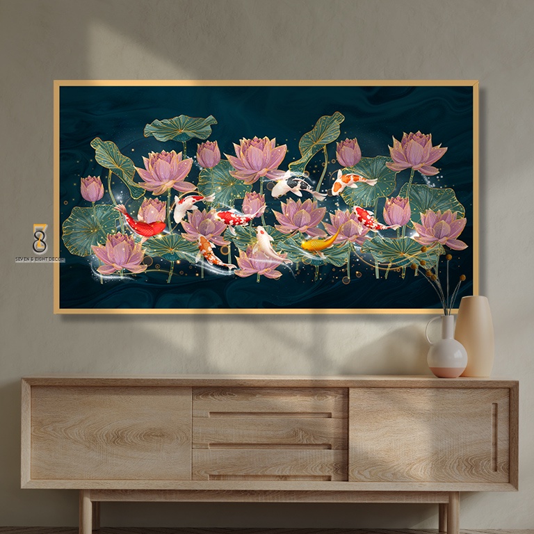Tranh Canvas | Cửu Ngư Hoa Sen 1FHLANS004 | Tranh Căng Khung Cao Cấp | Tặng Kèm Đinh Đa Năng