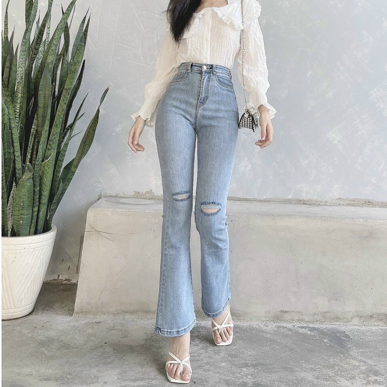 Quần jean nữ Kpboutique ống loe chất jean co dãn cao cấp