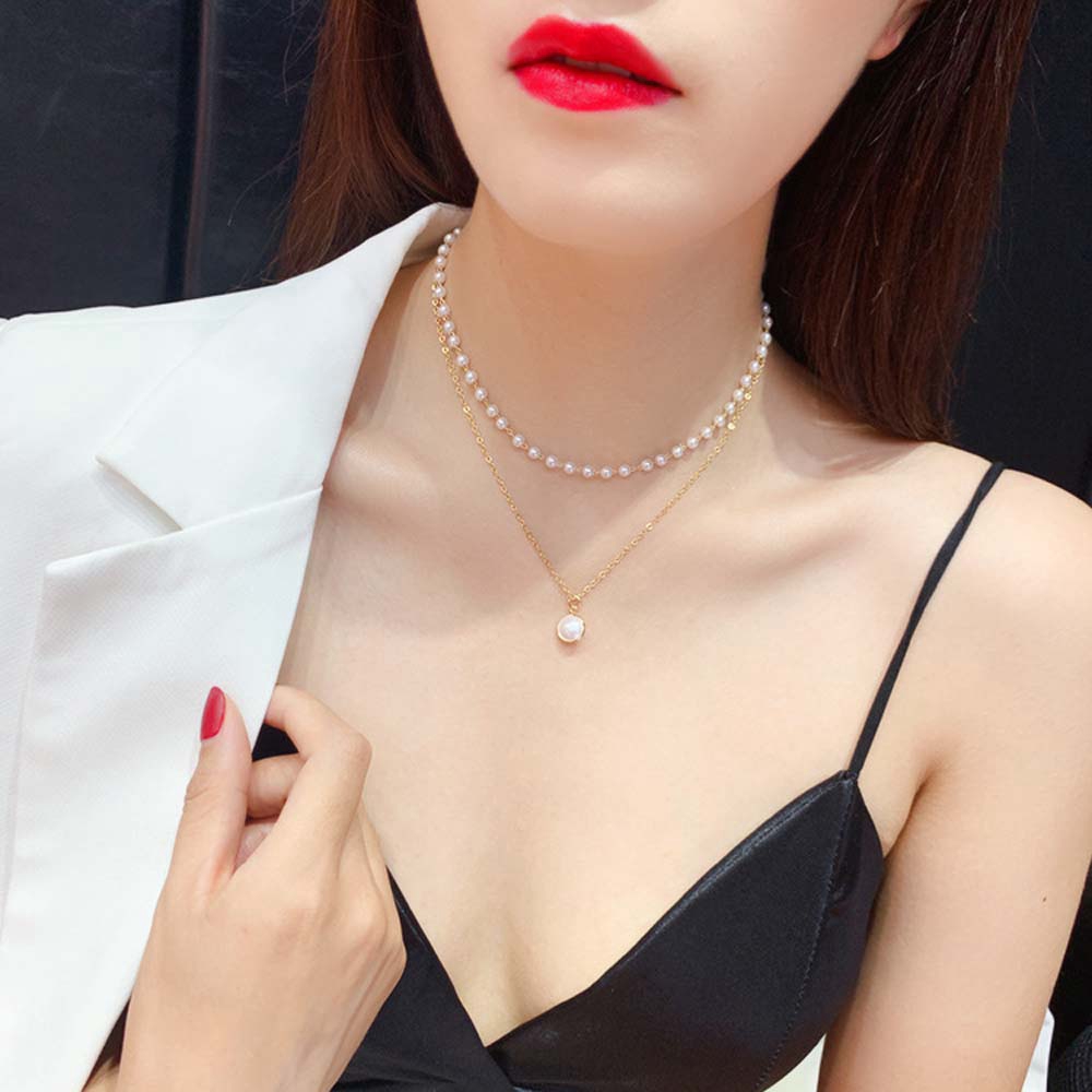 Vòng Cổ Choker Hai Lớp Đính Hạt Ngọc Trai Nhân Tạo Thời Trang