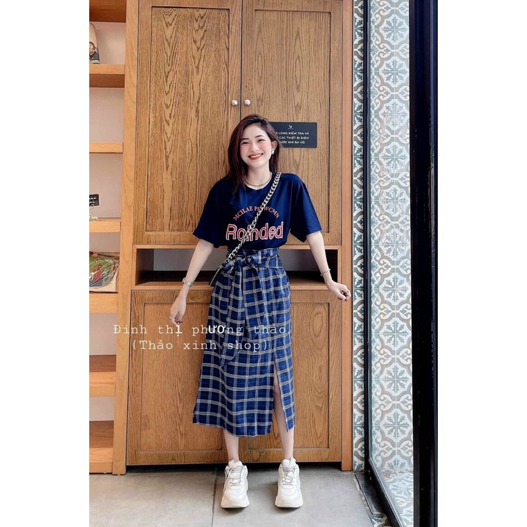 Chân váy kẻ dài vintage nữ tính