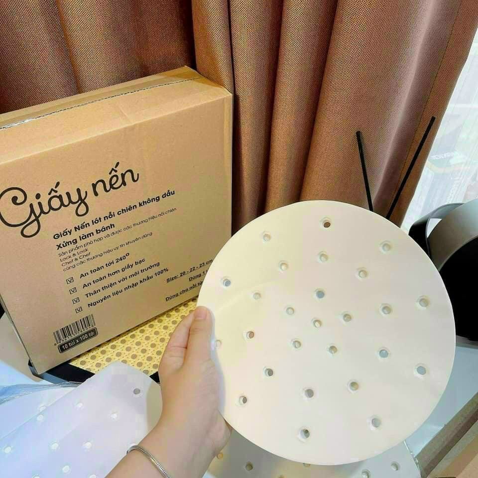 Gói 100 Tờ Giấy Nến Đục Lỗ Tròn Dùng Cho Nồi Chiên Không Dầu, Lót Xửng Hấp, Thấm Dầu Ăn Size 22cm