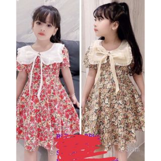 Đầm hoa nhí cổ sen buộc nơ  siêu xinh cho bé gái