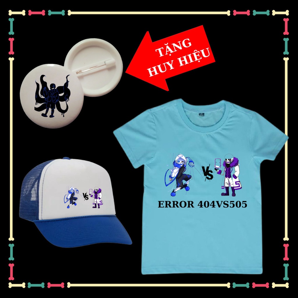 Áo phông bé trai, bé gái Error 505vsError 404 siêu ngầu kèm mũ lưỡi trai trẻ em, kèm huy hiệu.