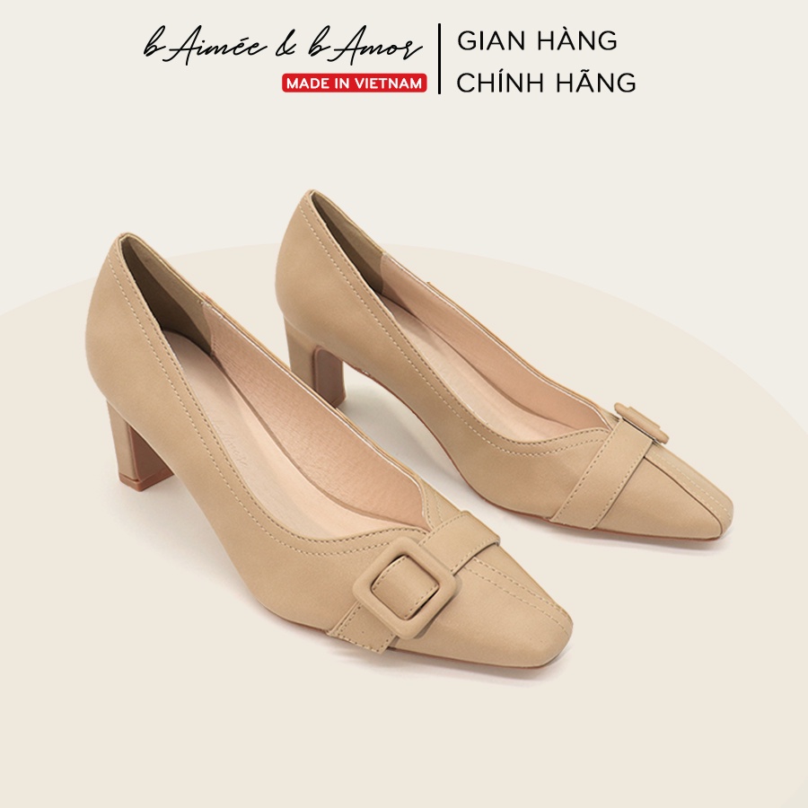 Giày cao gót nữ 7p nơ khóa đế vuông mũi vuông gót cao thời trang công sở bAimée & bAmor - MS1703
