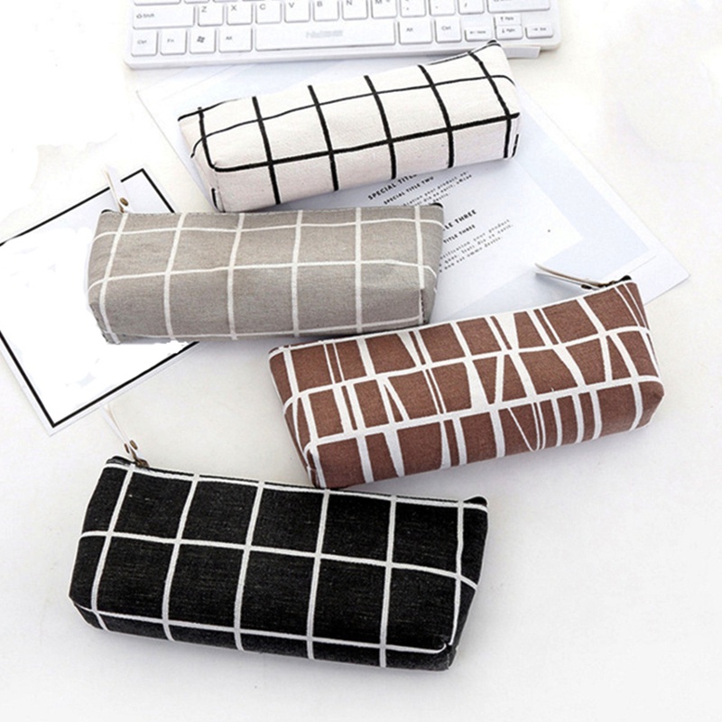 1 Túi Đựng Bút Bằng Vải Bạt Dày Kẻ Sọc Caro Có Khóa Kéo Sức Chứa Lớn Sáng Tạo