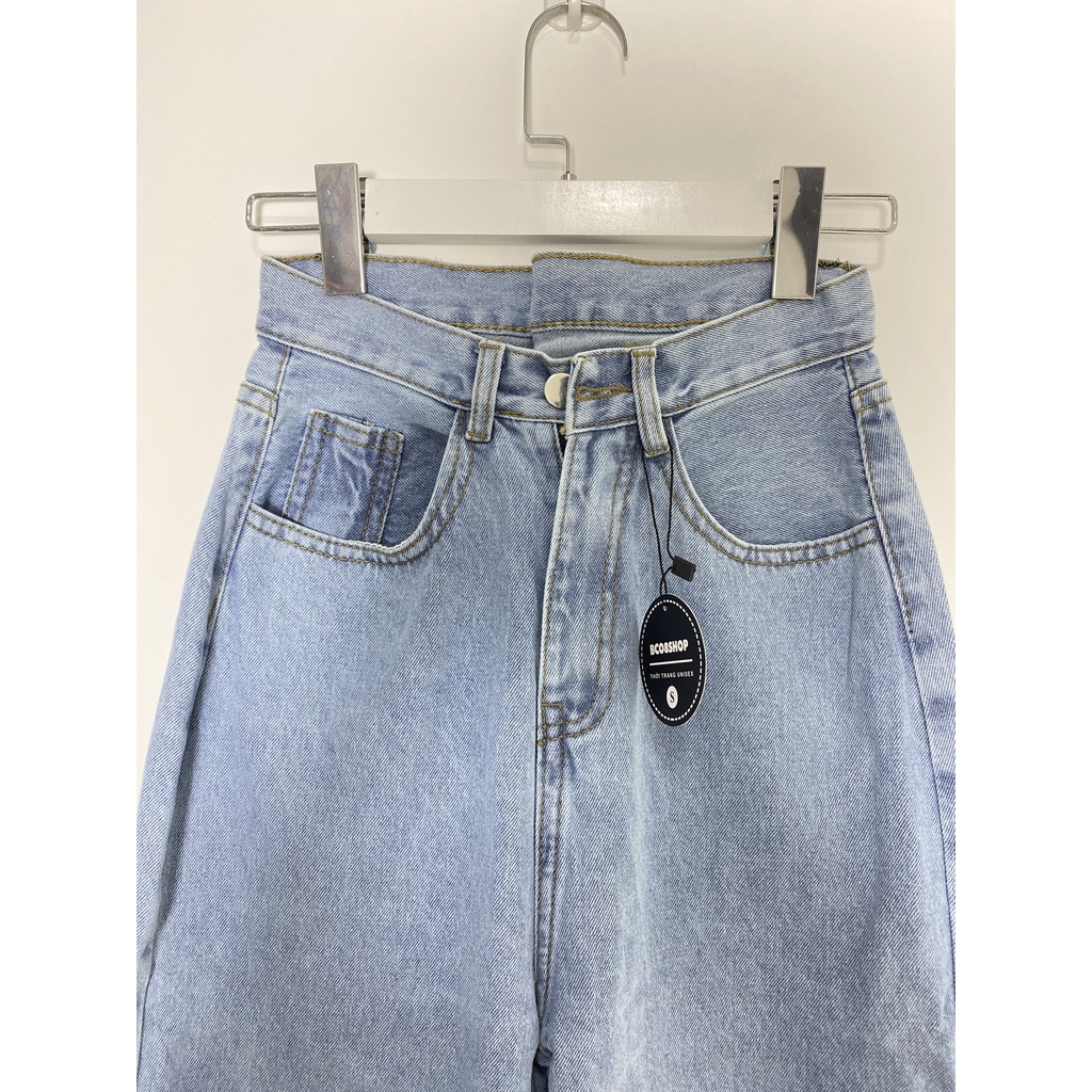 Quần Jean Baggy Dáng Suông Đứng Xanh Nhạt Cắt Gấu Lai Tua