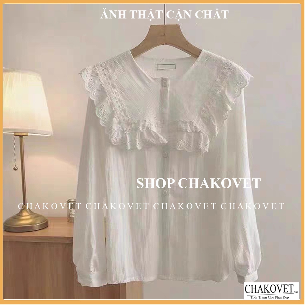 Áo sơ mi nữ dài tay màu trắng A875, kiểu áo nữ cổ tròn thiết kế 2 lớp ren ngực phong cách retro hàn quốc freesize <53kg | BigBuy360 - bigbuy360.vn