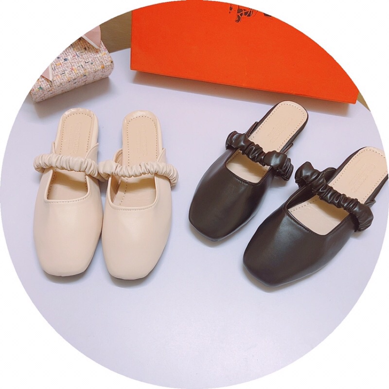 Dép sục bệt mũi vuông phối quai nhún ngang da lì