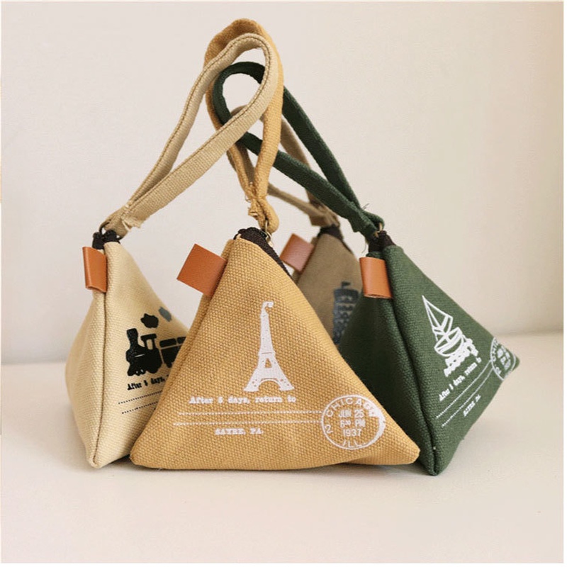 Ví Đựng Tiền Xu Hình Tam Giác Bằng Vải Canvas Phong Cách Retro