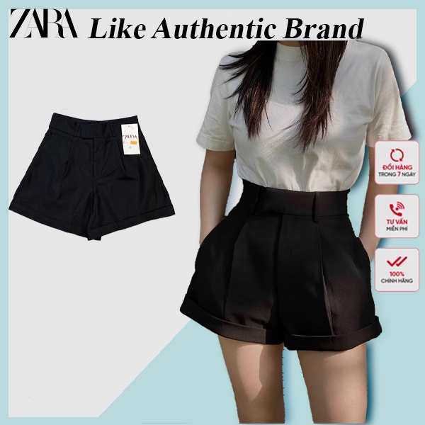 Quần Short Vải Đen Gấp Gấu ZR