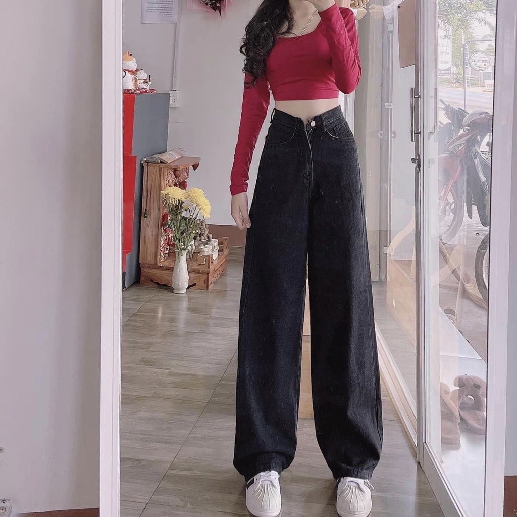 Quần jean ống suông nữ lưng cao cạp cúc dáng rộng chất bò size S M L | BigBuy360 - bigbuy360.vn