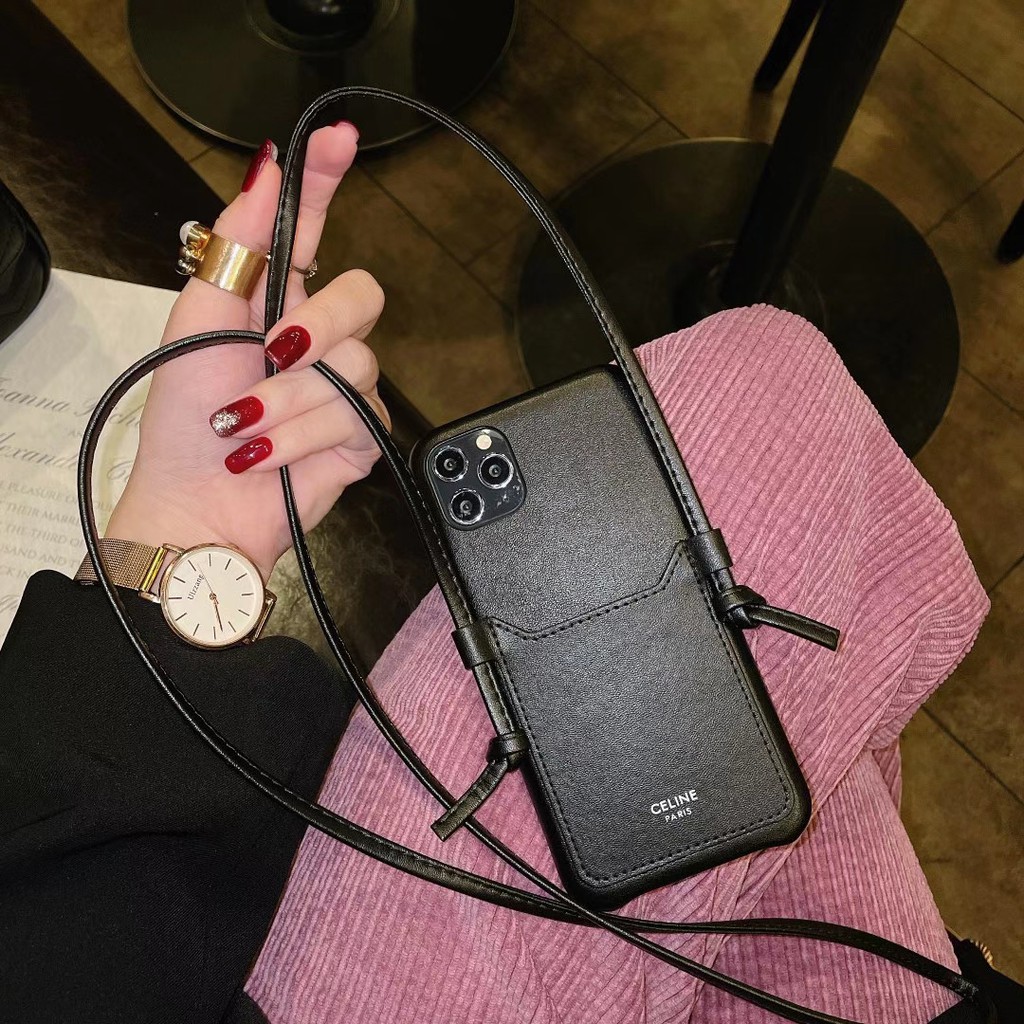 Ốp điện thoại da Celine có ngăn đựng thẻ phía sau và dây đeo cho iphone 11 12 pro max xr xmax | BigBuy360 - bigbuy360.vn