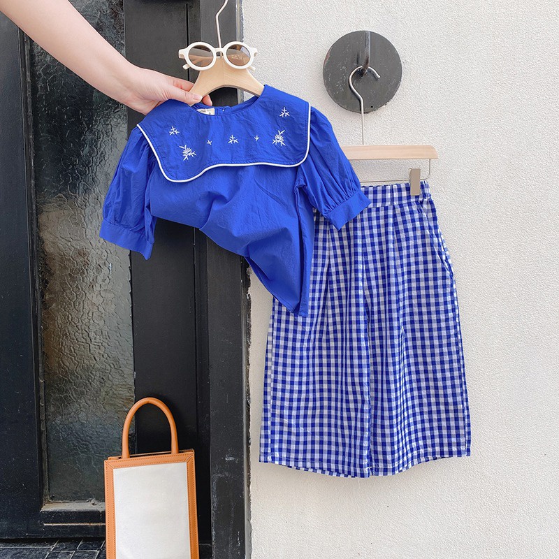 Se7en Set Áo Sơ Mi Ngắn Tay Màu Trơn + Quần Thời Trang Hè Hàn Quốc Cho Bé Gái