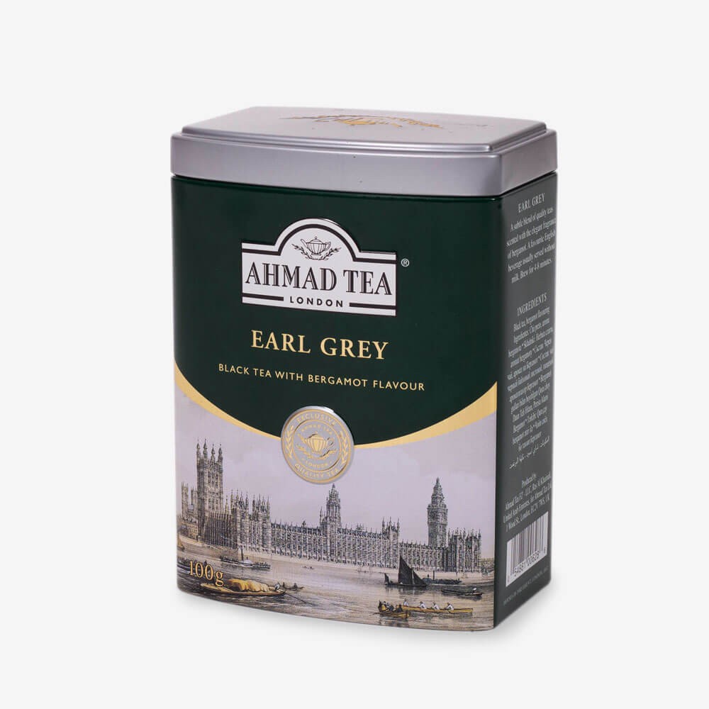 Trà đen Bá Tước pha ấm hộp thiếc phong cảnh London - Ahmad Earl Grey Tea 100g (trà lá pha ấm – 100g trà/hộp)