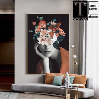 (Giá Xưởng) Tranh canvas treo tường phòng khách, tranh nghệ thuật Cô gái che mặt và hoa CGCM60-62 (tranh tràn viền)