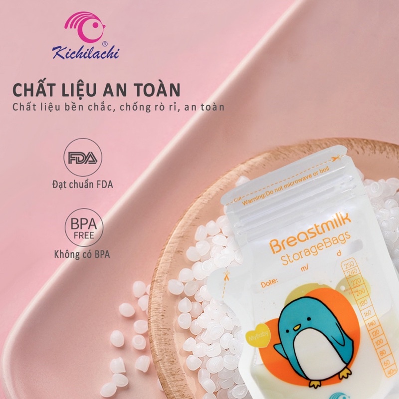 Túi trữ sữa Kichilachi dung tích 250ml có vòi rót tiện lợi, 2 khóa zip chắc chắn hình chim cánh cụt