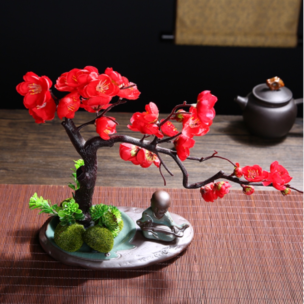 Nhành đào bonsai hoa vải trang trí