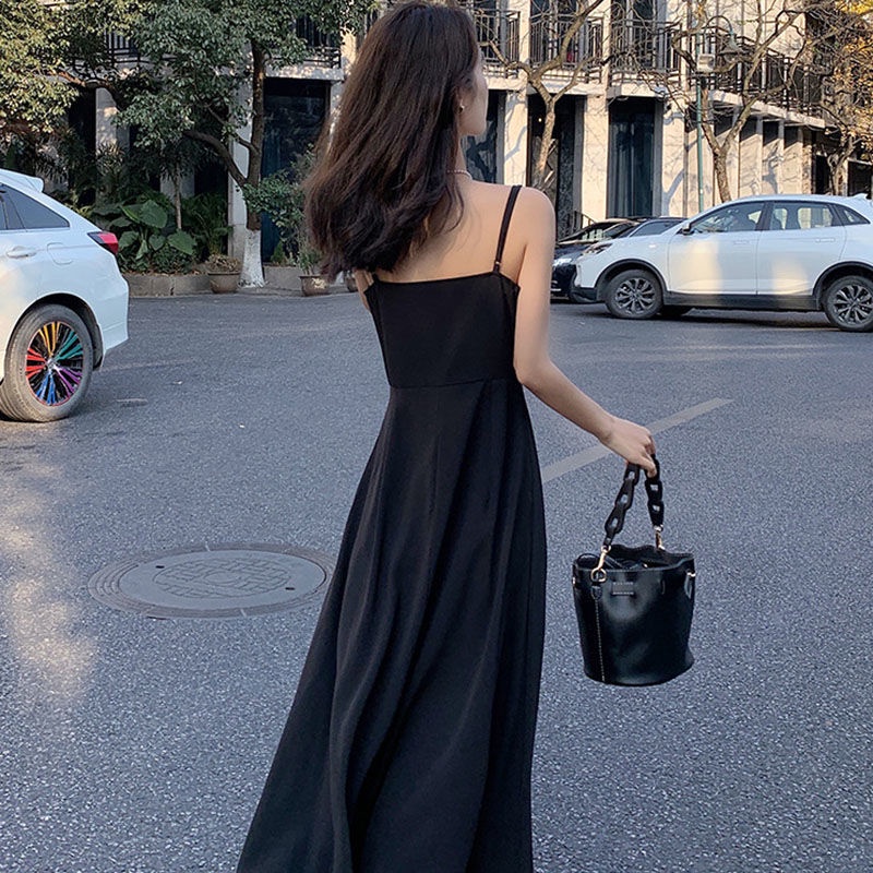Đầm Hai Dây Màu Đen Phong Cách Hàn Quốc Cổ Điển Thời Trang Cho Nữ