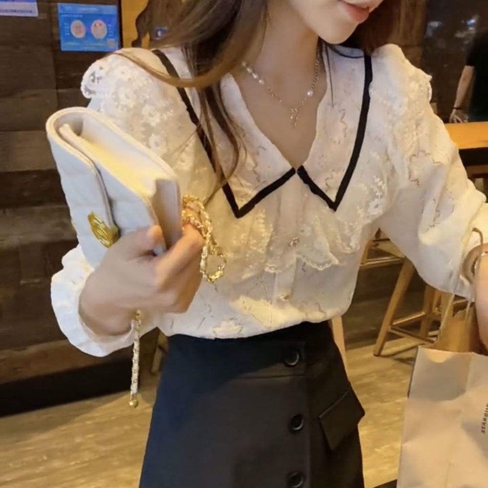 Áo sơ mi phối ren phong cách Hàn Quốc ngọt ngào mới dành cho nữ 2021