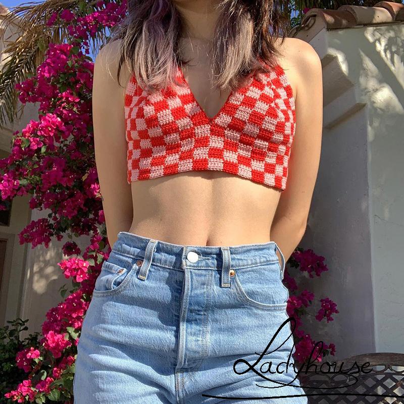 Áo Croptop Hai Dây In Họa Tiết Kẻ Ô Hở Lưng Cho Nữ