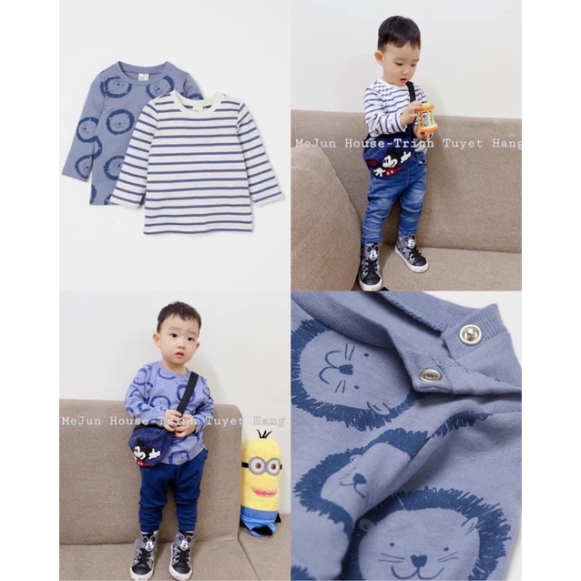 [HM AUTH] Set 2 áo cotton dài tay bé trai HM auth hình sư tử xanh
