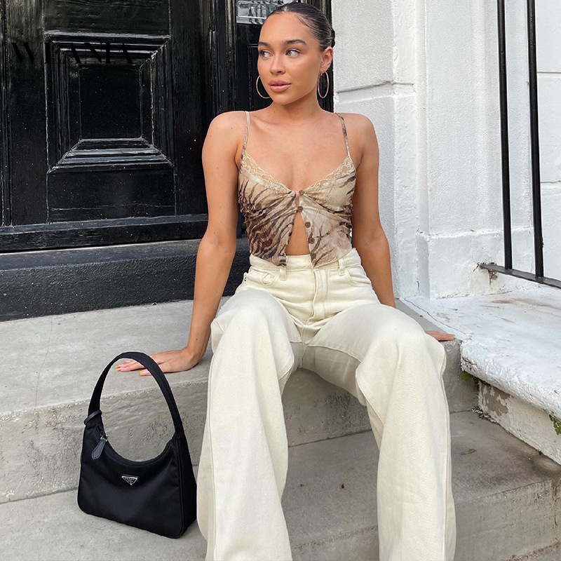 Áo Lửng Hai Dây Phối Ren Lưới Xuyên Thấu In Họa Tiết Hổ Quyến Rũ Phong Cách Mùa Hè