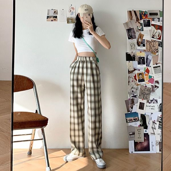 Quần Dài Lưng Cao Ống Rộng Họa Tiết Sọc Caro Thời Trang Xuân Hè Cá Tính Cho Nữ