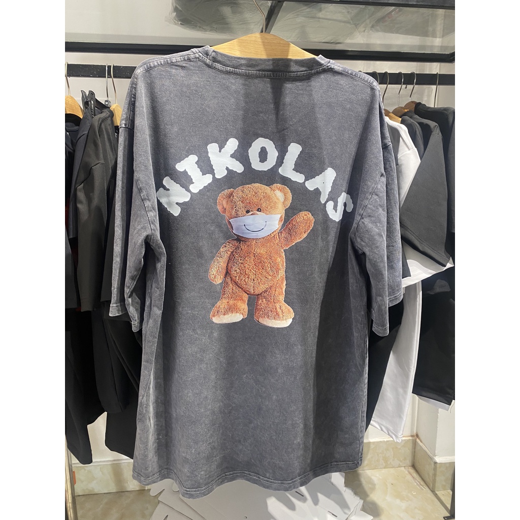 Áo thun tay lỡ Nikolas Teddy Wash- phông Unisex nam nữ Cotton oversize form rộng