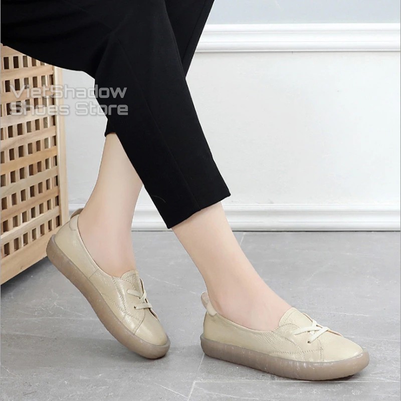 Slip on da nữ - Giày lười da nữ dáng bè - Da bò xịn, 3 màu (be), (trắng) và (đen) - Mã SP 525