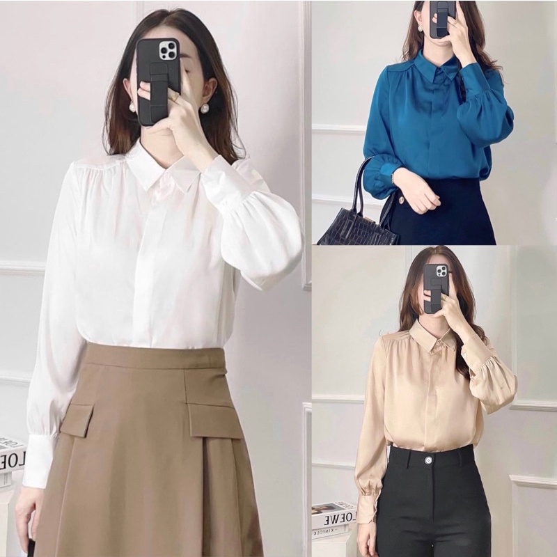 áo sơ mi lụa trắng dài tay công sở cổ đức from suông dễ mặc, chất liệu lụa mềm mịn không nhăn nhàu mặc đi làm đi chơiA17