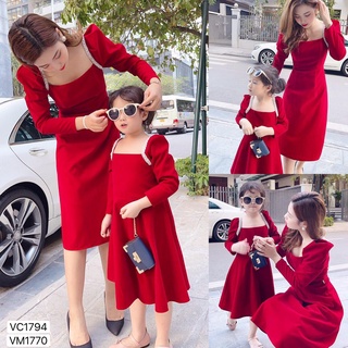 Váy xòe nhung đỏ cổ vuông viền ngọc mẹ và con gái V1770, V1794 - Kèm ảnh thật shop tự chụp