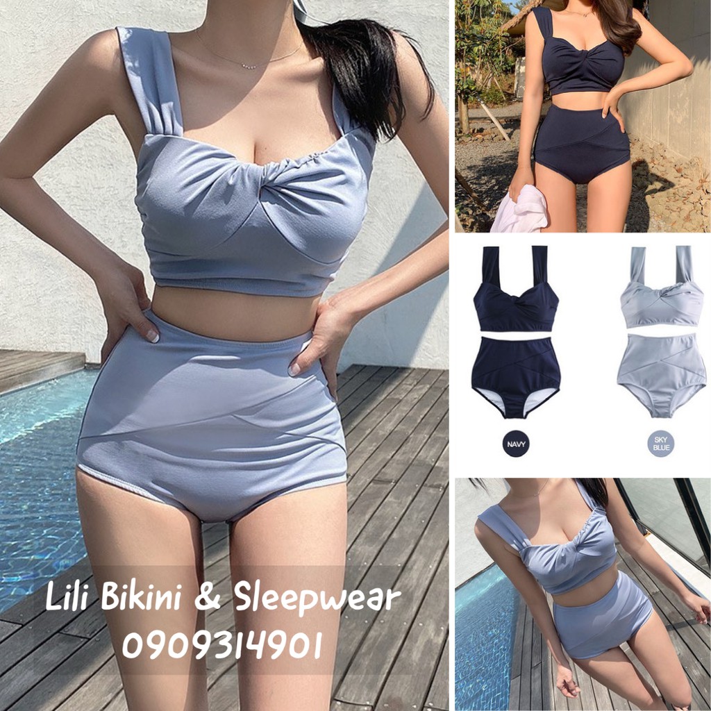 Bikini xanh hai mảnh đường may chéo sexy Hàn Quốc cao cấp