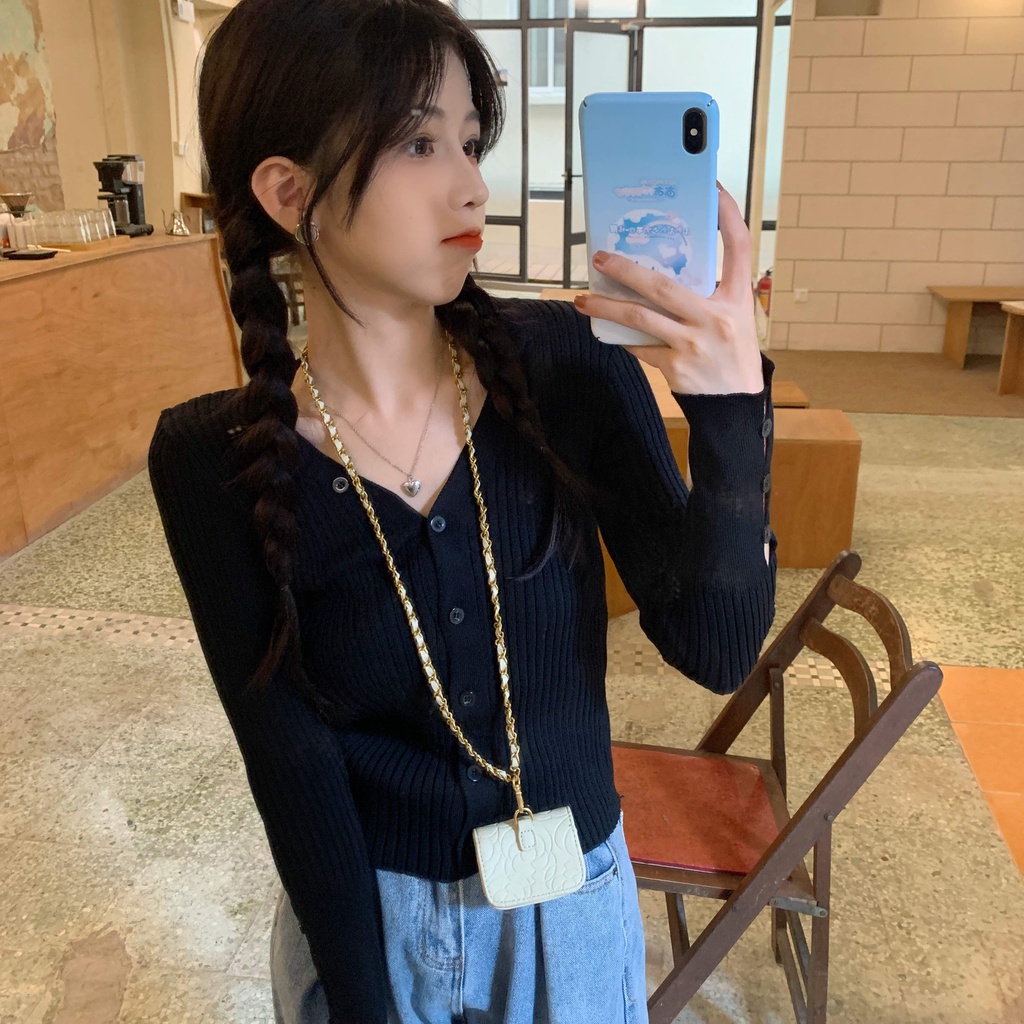 Áo khoác cardigan dệt kim tay dài cổ chữ v phối nút phong cách hàn quốc thời trang mùa thu mới cho nữ