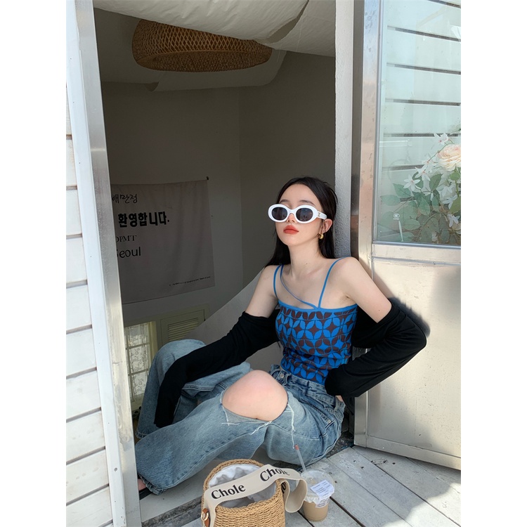 Áo Croptop Dệt Kim Màu Xanh Tương Phản Phong Cách Hàn Quốc